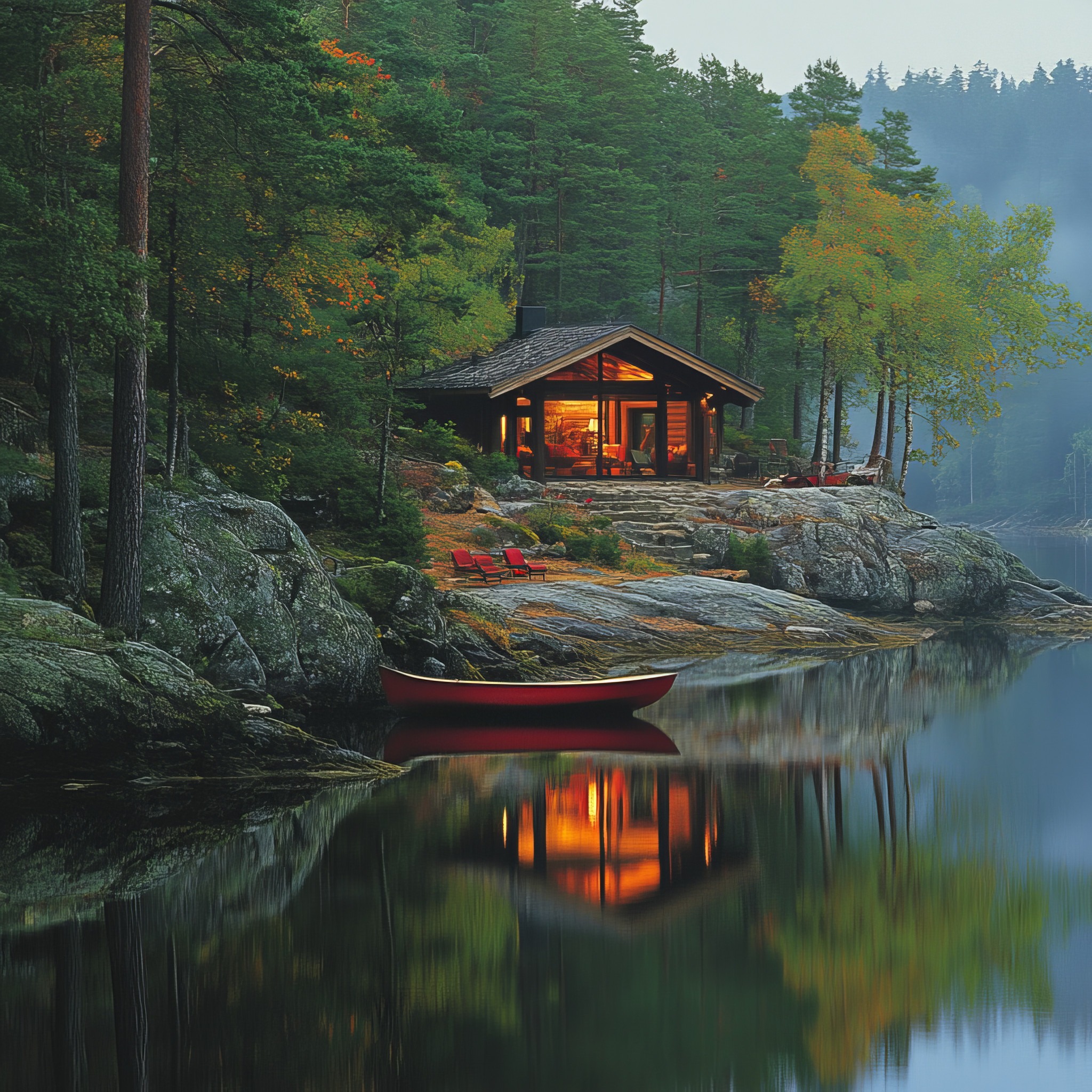 A cozy wooden cabin with glowing lights stands on a rocky lakeshore, surrounded by pine trees. A red canoe and two red chairs sit near the calm water, reflecting the peaceful forest scene.